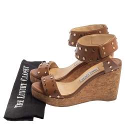 Pre Owned Jimmy Choo Brown Studded Leather Veto Cork Wedge Sandals Size 38.5