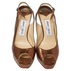 Jimmy Choo Metallic Bronze Snake Embossed Leather Elazer Sandals Size 37