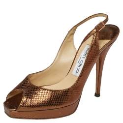 Jimmy Choo Metallic Bronze Snake Embossed Leather Elazer Sandals Size 37