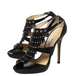 Jimmy Choo Black Leather Studded Fringe Platform Sandals Size 39