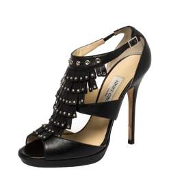 Jimmy Choo Black Leather Studded Fringe Platform Sandals Size 39