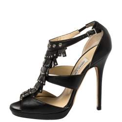 Jimmy Choo Black Leather Studded Fringe Platform Sandals Size 39