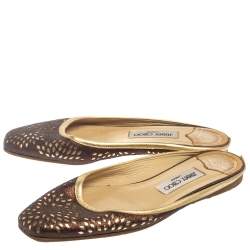 Pre Owned حذاء سلايد فلات جيمي تشو مايا جلد و غليتر بني ميتاليك مقاس 38.5