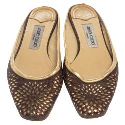 Pre Owned حذاء سلايد فلات جيمي تشو مايا جلد و غليتر بني ميتاليك مقاس 38.5