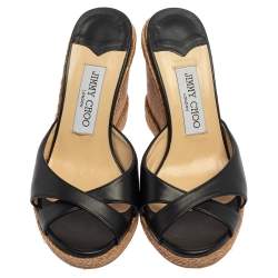 Pre Owned Jimmy Choo Black Leather Wedge  Platform Sandals Size 36