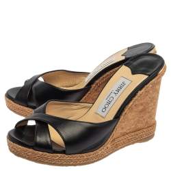 Pre Owned Jimmy Choo Black Leather Wedge  Platform Sandals Size 36