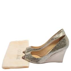 Pre Owned Jimmy Choo Metallic Silver Glitter Fabric Baxen Peep Toe Wedge Pumps Size 40