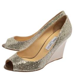 Pre Owned Jimmy Choo Metallic Silver Glitter Fabric Baxen Peep Toe Wedge Pumps Size 40
