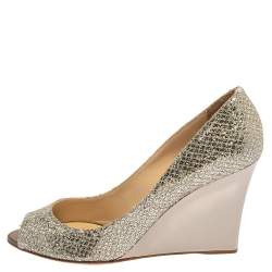 Pre Owned Jimmy Choo Metallic Silver Glitter Fabric Baxen Peep Toe Wedge Pumps Size 40