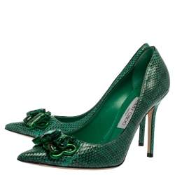 مملوكة مسبقًا حذاء كعب عالي جيمي تشو ايميرالد ابيل جلد نقشة الثعبان أخضر مقاس 39