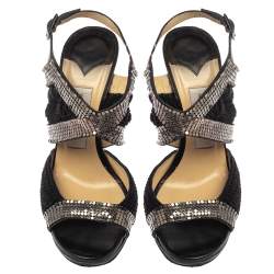 Jimmy Choo Black Crochet Fabric Embellished Slingback Sandals Size 37