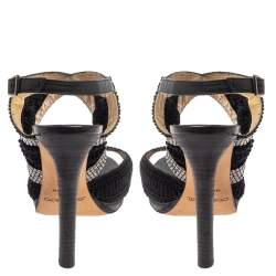 Jimmy Choo Black Crochet Fabric Embellished Slingback Sandals Size 37