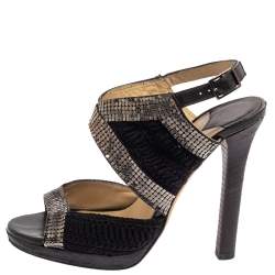 Jimmy Choo Black Crochet Fabric Embellished Slingback Sandals Size 37