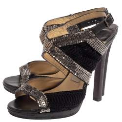 Jimmy Choo Black Crochet Fabric Embellished Slingback Sandals Size 37