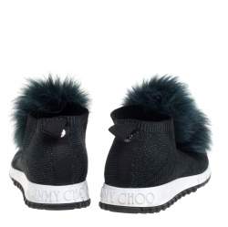 Pre Owned Jimmy Choo Green Knit And Lurex Norway Pom Pom Sneakers Size 38.5
