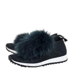 Pre Owned Jimmy Choo Green Knit And Lurex Norway Pom Pom Sneakers Size 38.5