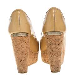 Pre Owned Jimmy Choo Beige Patent Leather Cork Wedge Peep Toe Pumps Size 36