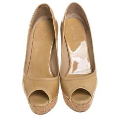 Pre Owned Jimmy Choo Beige Patent Leather Cork Wedge Peep Toe Pumps Size 36