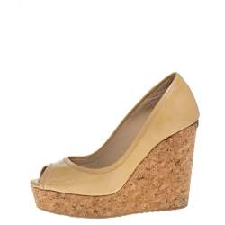 Pre Owned Jimmy Choo Beige Patent Leather Cork Wedge Peep Toe Pumps Size 36