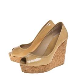 Pre Owned Jimmy Choo Beige Patent Leather Cork Wedge Peep Toe Pumps Size 36