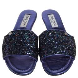 مملوكة مسبقًا Jimmy Choo Metallic Purple Coarse Glitter Nanda Flat Slides Size 37