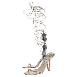 Pre Owned Jimmy Choo Metallic Gold Leather Embellished Ankle Wrap Sandals Size 39