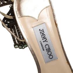 Pre Owned Jimmy Choo Metallic Gold Leather Embellished Ankle Wrap Sandals Size 39