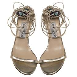 Pre Owned Jimmy Choo Metallic Gold Leather Embellished Ankle Wrap Sandals Size 39