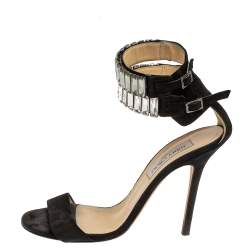 Pre Owned Jimmy Choo Black Glitter Nubuck Crystal Embellished Ankle Cuff Sandals Size 38.5