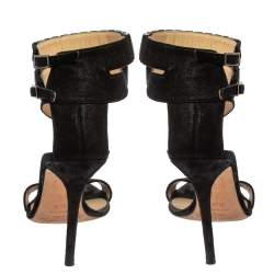 Pre Owned Jimmy Choo Black Glitter Nubuck Crystal Embellished Ankle Cuff Sandals Size 38.5