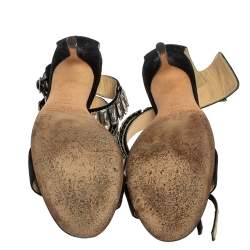 Pre Owned Jimmy Choo Black Glitter Nubuck Crystal Embellished Ankle Cuff Sandals Size 38.5