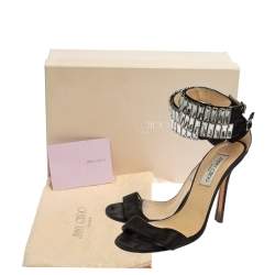 Pre Owned Jimmy Choo Black Glitter Nubuck Crystal Embellished Ankle Cuff Sandals Size 38.5