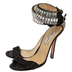 Pre Owned Jimmy Choo Black Glitter Nubuck Crystal Embellished Ankle Cuff Sandals Size 38.5
