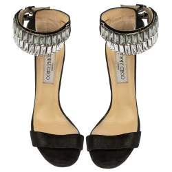 Pre Owned Jimmy Choo Black Glitter Nubuck Crystal Embellished Ankle Cuff Sandals Size 38.5