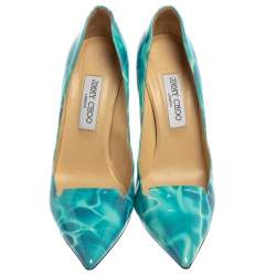 مملوكة مسبقًا حذاء كعب عالي جيمي تشو افريل مقدمة مدببة جلد لامع أبيض و أزرق مقاس 40