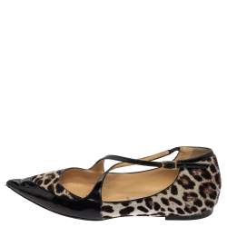 Pre Owned Jimmy Choo Black Patent Leather and Leopard Calf Hair Gamble Crisscross Ballet Flats Size 36.5