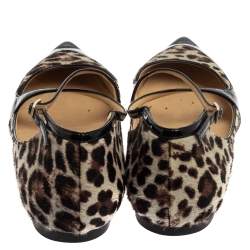 Pre Owned Jimmy Choo Black Patent Leather and Leopard Calf Hair Gamble Crisscross Ballet Flats Size 36.5