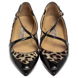 Pre Owned Jimmy Choo Black Patent Leather and Leopard Calf Hair Gamble Crisscross Ballet Flats Size 36.5