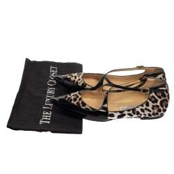 Pre Owned Jimmy Choo Black Patent Leather and Leopard Calf Hair Gamble Crisscross Ballet Flats Size 36.5