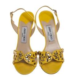 Jimmy Choo Yellow Leather Crystal Embellished Slingback Sandals Size 38