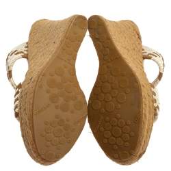 مملوكة مسبقًا صندل جيمي تشو قطن مخلوط أبيض/بني كعب روكي مقاس 38