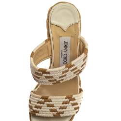 مملوكة مسبقًا صندل جيمي تشو قطن مخلوط أبيض/بني كعب روكي مقاس 38