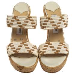 مملوكة مسبقًا صندل جيمي تشو قطن مخلوط أبيض/بني كعب روكي مقاس 38