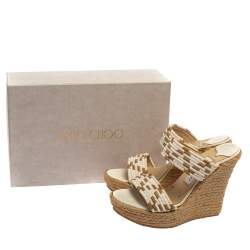 مملوكة مسبقًا صندل جيمي تشو قطن مخلوط أبيض/بني كعب روكي مقاس 38