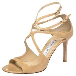 Pre Owned Jimmy Choo Nude Patent Leather Ivette Strappy Sandals Size 37.5