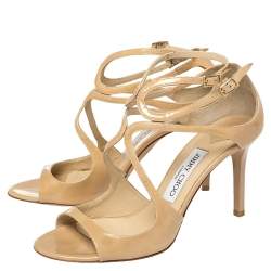 Pre Owned Jimmy Choo Nude Patent Leather Ivette Strappy Sandals Size 37.5