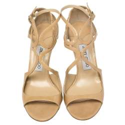 Pre Owned Jimmy Choo Nude Patent Leather Ivette Strappy Sandals Size 37.5