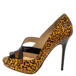 Pre Owned Jimmy Choo Yellow/Black Leopard Print Patent Leather Gesture Platform Pumps Size 39.5