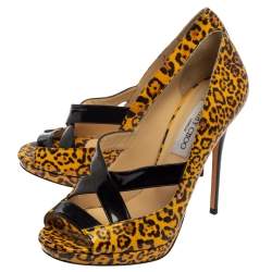 Pre Owned Jimmy Choo Yellow/Black Leopard Print Patent Leather Gesture Platform Pumps Size 39.5
