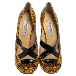 Pre Owned Jimmy Choo Yellow/Black Leopard Print Patent Leather Gesture Platform Pumps Size 39.5